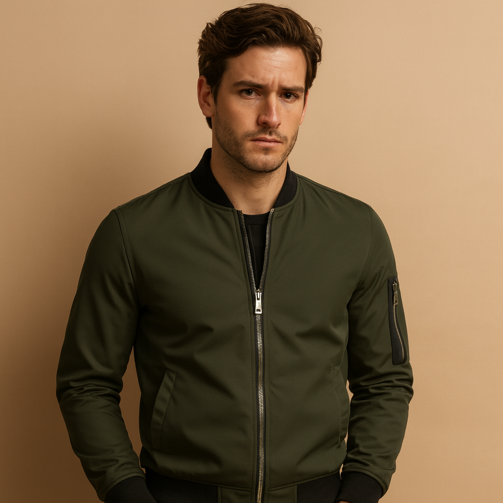 Men’s classic bomber jacket with zip fastening and a lightweight design, suitable for casual outfits, evenings out, and year-round wear.