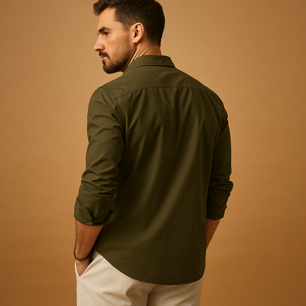 Men’s classic button-down shirt with lapel collar and chest pocket, perfect for casual and formal occasions in khaki, black, or white.