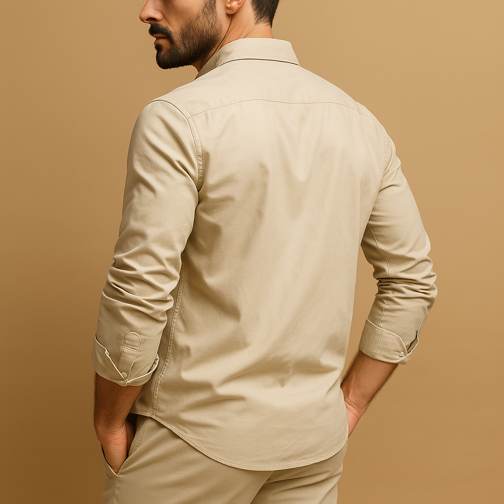 Men’s classic button-down shirt with lapel collar and chest pocket, perfect for casual and formal occasions in khaki, black, or white.