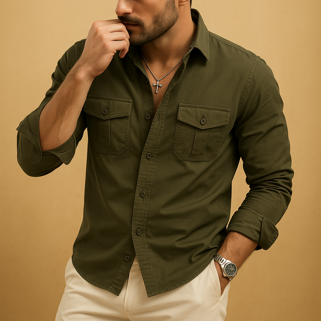 Men’s classic button-down shirt with lapel collar and chest pocket, perfect for casual and formal occasions in khaki, black, or white.