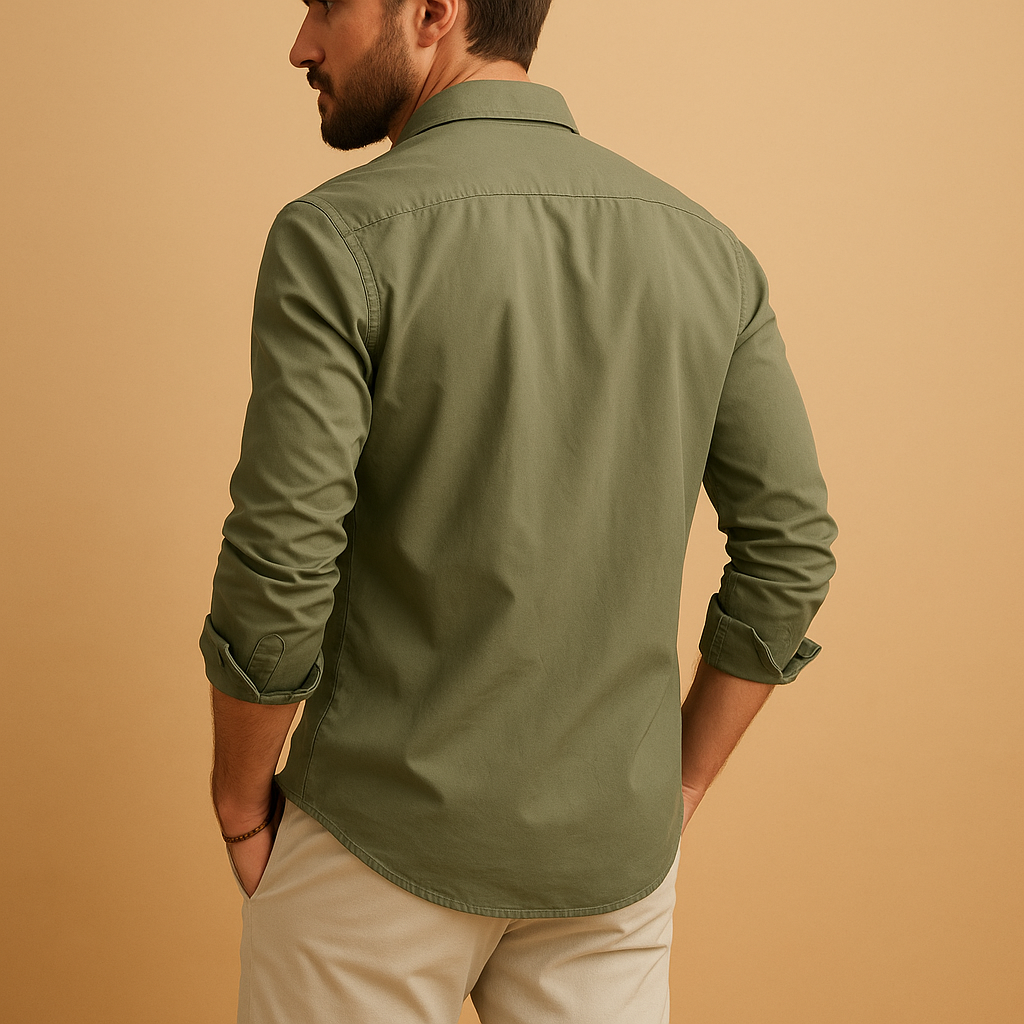 Men’s classic button-down shirt with lapel collar and chest pocket, perfect for casual and formal occasions in khaki, black, or white.