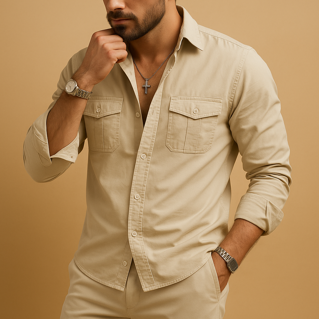 Men’s classic button-down shirt with lapel collar and chest pocket, perfect for casual and formal occasions in khaki, black, or white.