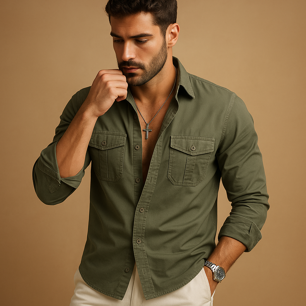 Men’s classic button-down shirt with lapel collar and chest pocket, perfect for casual and formal occasions in khaki, black, or white.
