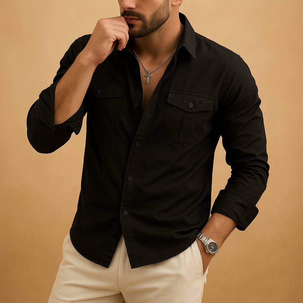 Men’s classic button-down shirt with lapel collar and chest pocket, perfect for casual and formal occasions in khaki, black, or white.