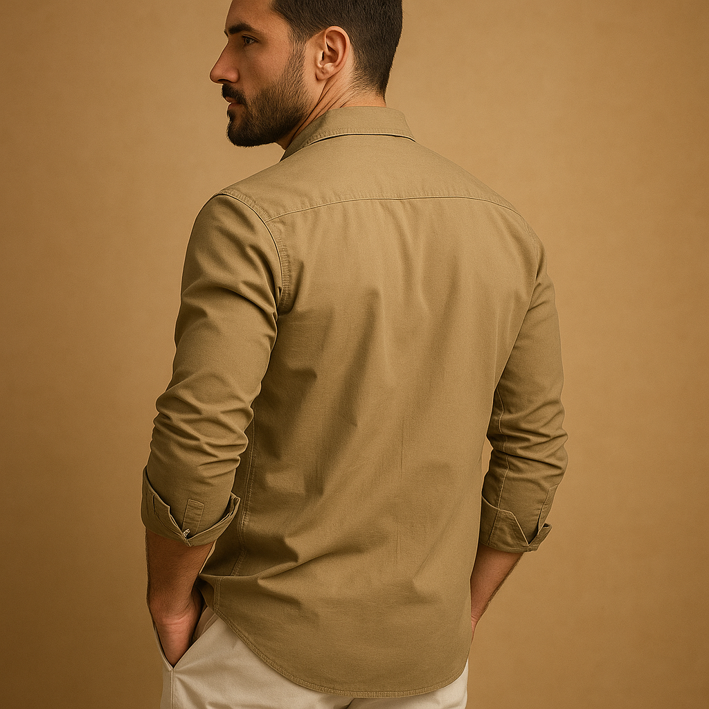 Men’s classic button-down shirt with lapel collar and chest pocket, perfect for casual and formal occasions in khaki, black, or white.