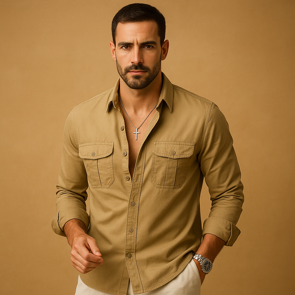 Men’s classic button-down shirt with lapel collar and chest pocket, perfect for casual and formal occasions in khaki, black, or white.