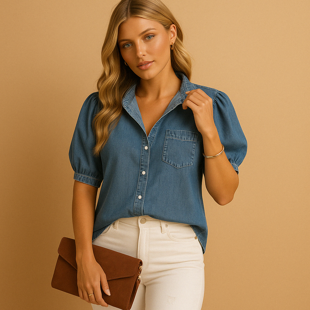 Women’s classic denim blouse with long sleeves and button closure, styled for autumn outfits, workwear, and casual looks.