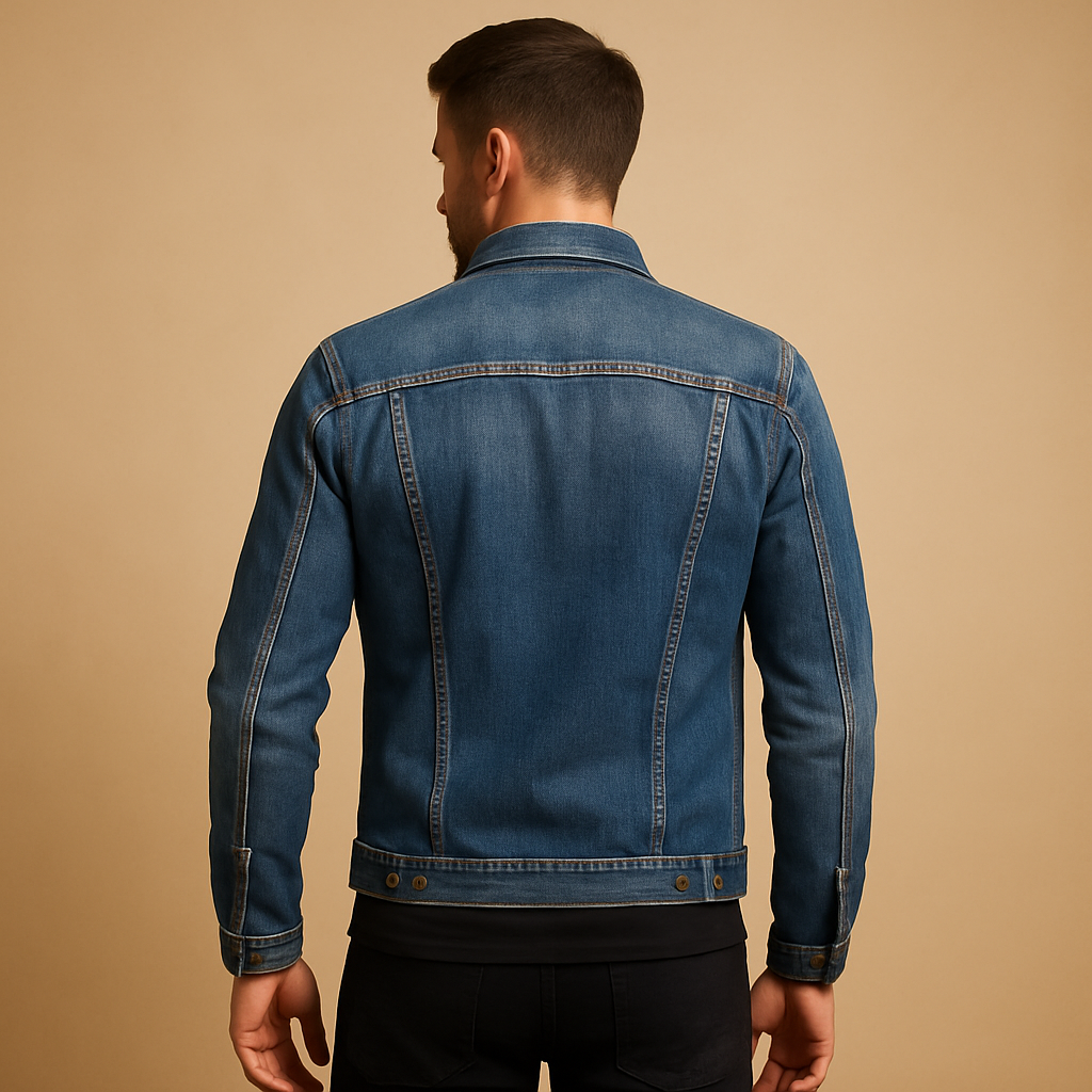Men’s denim jacket in classic blue with button closure and front pockets, perfect for casual and everyday wear.