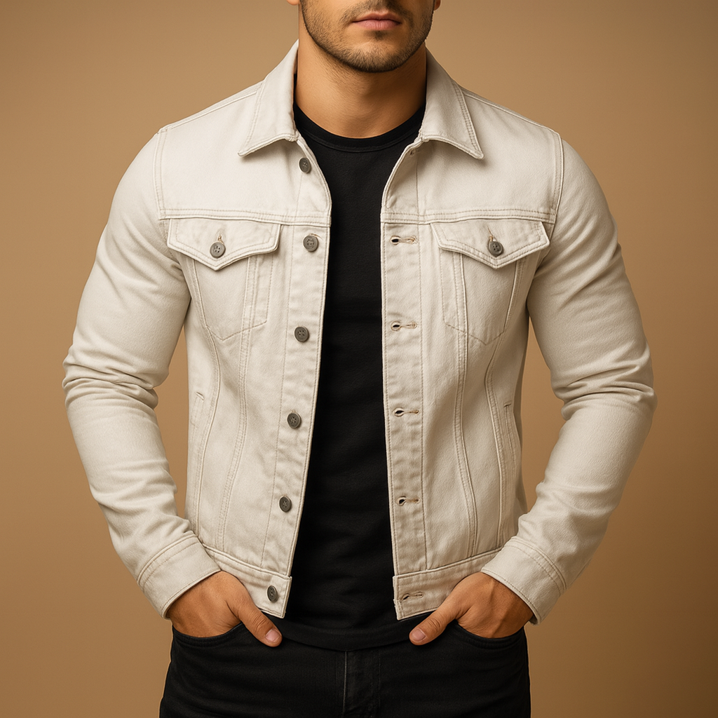 Men’s classic denim jacket with button closure, chest and side pockets, ideal for daily wear or cool summer evenings.