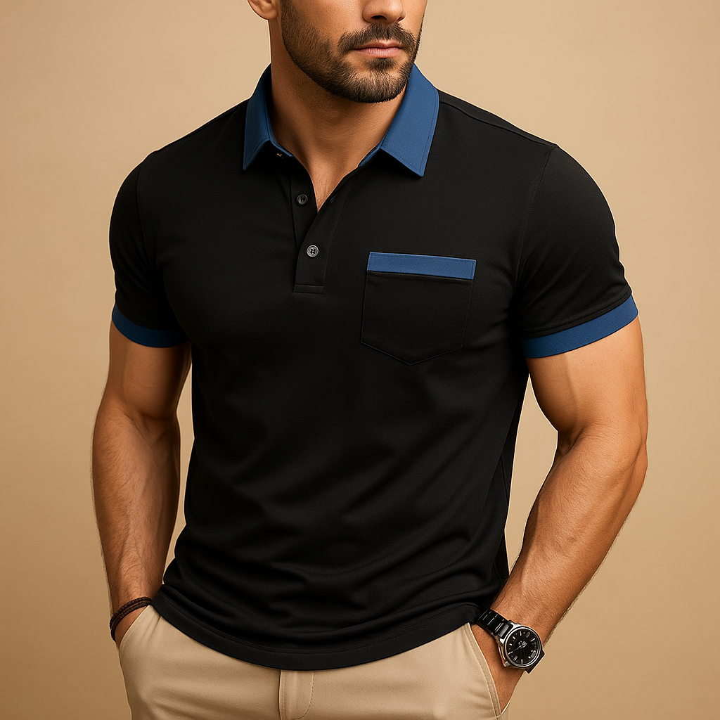 Men’s classic short sleeve polo shirt with button collar in navy blue, black, white, and more, ideal for casual and formal wear.