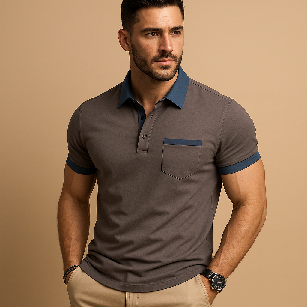 Men’s classic short sleeve polo shirt with button collar in navy blue, black, white, and more, ideal for casual and formal wear.