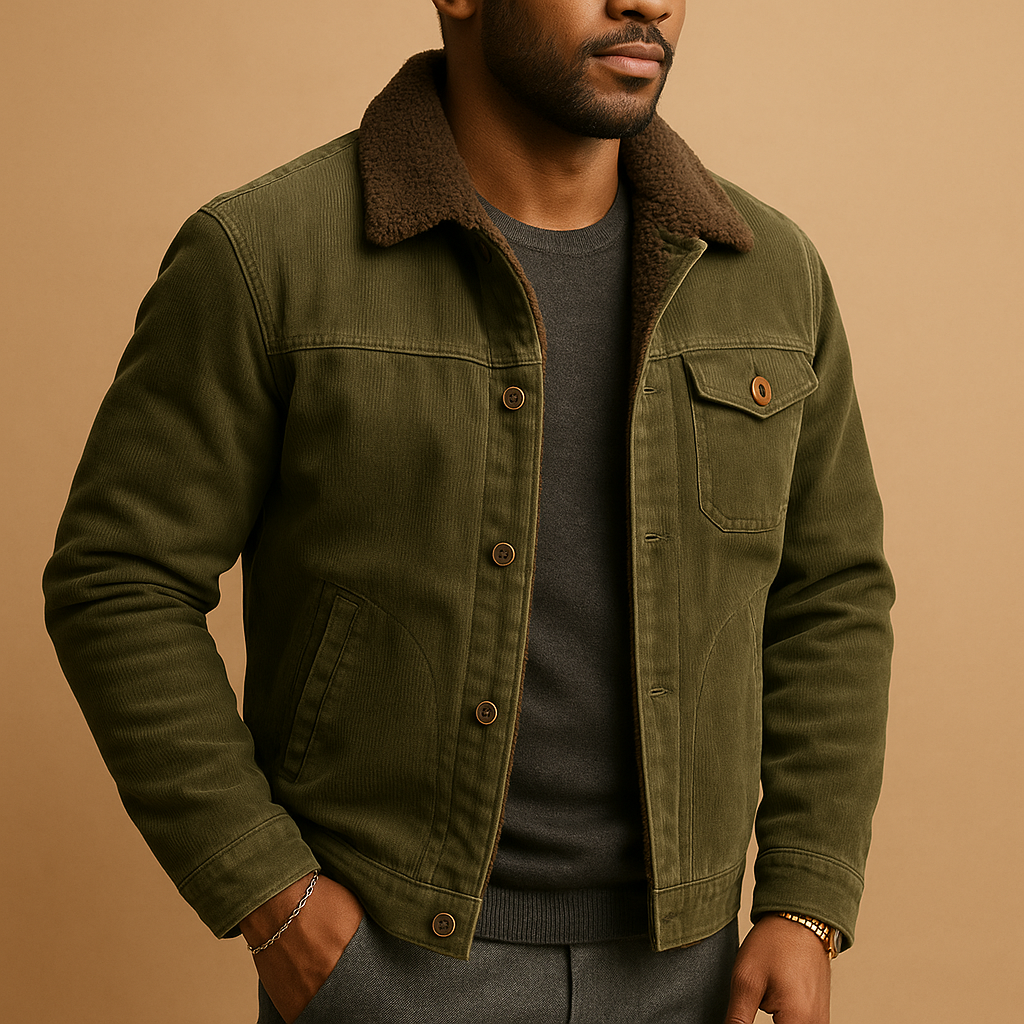 Men’s corduroy jacket with slim fit and soft durable texture, suitable for casual and formal outfits.