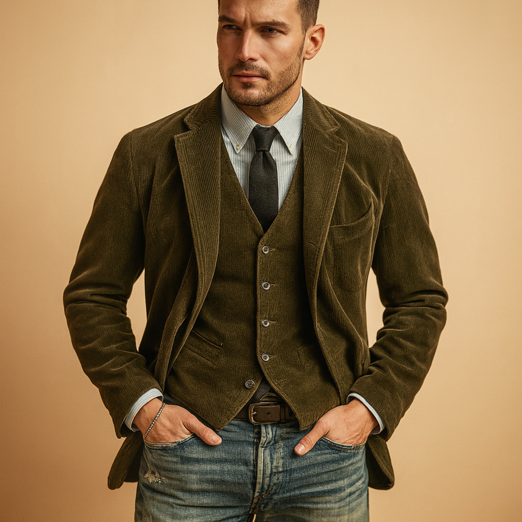 Stylish corduroy jacket for men with a comfortable fit and retro design, perfect for casual and formal wear in autumn and winter.