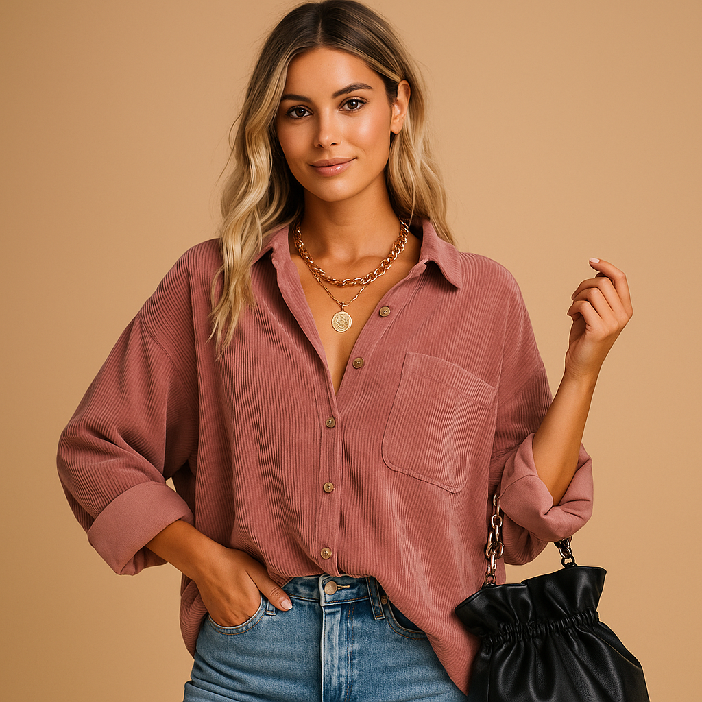 Women’s corduroy knit jacket with a relaxed fit and ribbed knit details, suitable for autumn, winter layering, and cool spring or summer evenings.