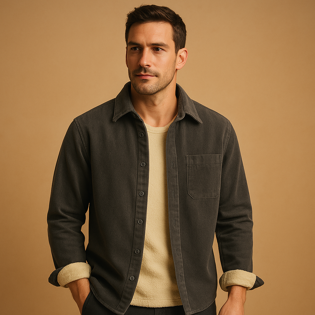 Men’s corduroy long sleeve shirt with soft ribbed fabric in green, gray, light blue, and dark blue, ideal for casual and stylish wear.