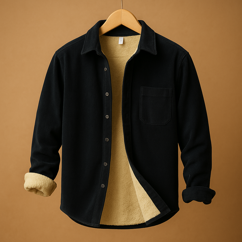 Men’s corduroy long sleeve shirt with soft ribbed fabric in green, gray, light blue, and dark blue, ideal for casual and stylish wear.