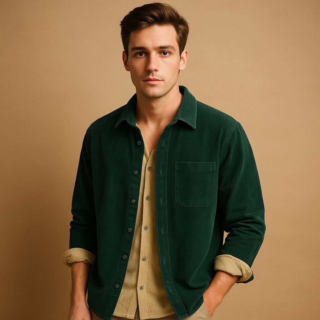 Men’s corduroy long sleeve shirt with soft ribbed fabric in green, gray, light blue, and dark blue, ideal for casual and stylish wear.