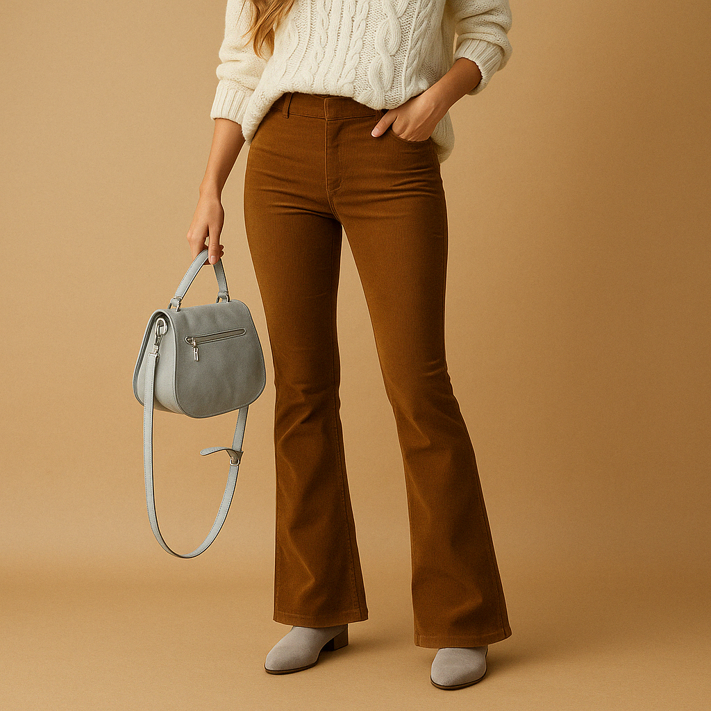 Women’s flared corduroy pants with soft ribbed fabric, flattering fit, and retro-inspired style, perfect for casual and semi-formal outfits.