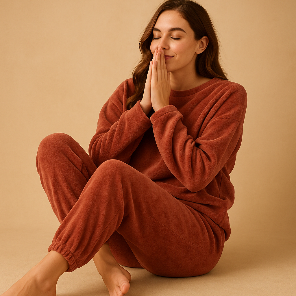 Women’s cozy pajama set with long-sleeve top and matching pants, perfect for sleeping, lounging, or relaxing at home.