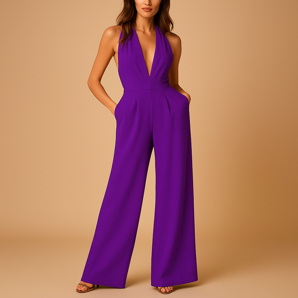 Sleeveless deep V-neck jumpsuit for women with wide-leg silhouette and backless design, perfect for evening events, parties, and elegant occasions.