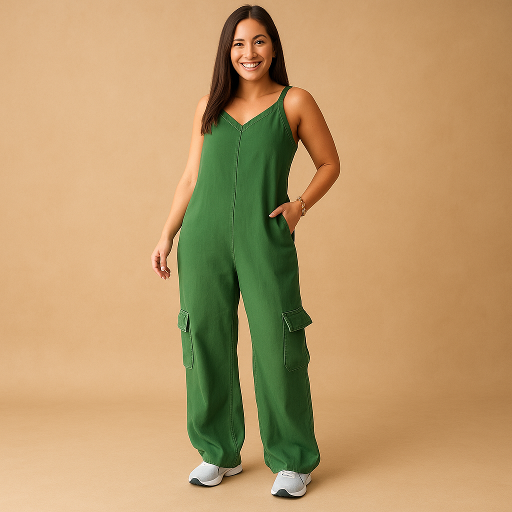 Women’s denim jumpsuit with V-neckline and open back featuring crossed straps, perfect for summer, festivals, and casual outings.