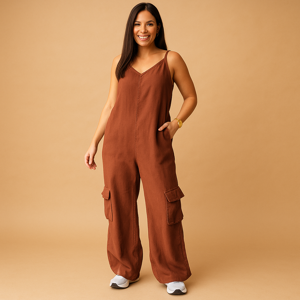 Women’s denim jumpsuit with V-neckline and open back featuring crossed straps, perfect for summer, festivals, and casual outings.