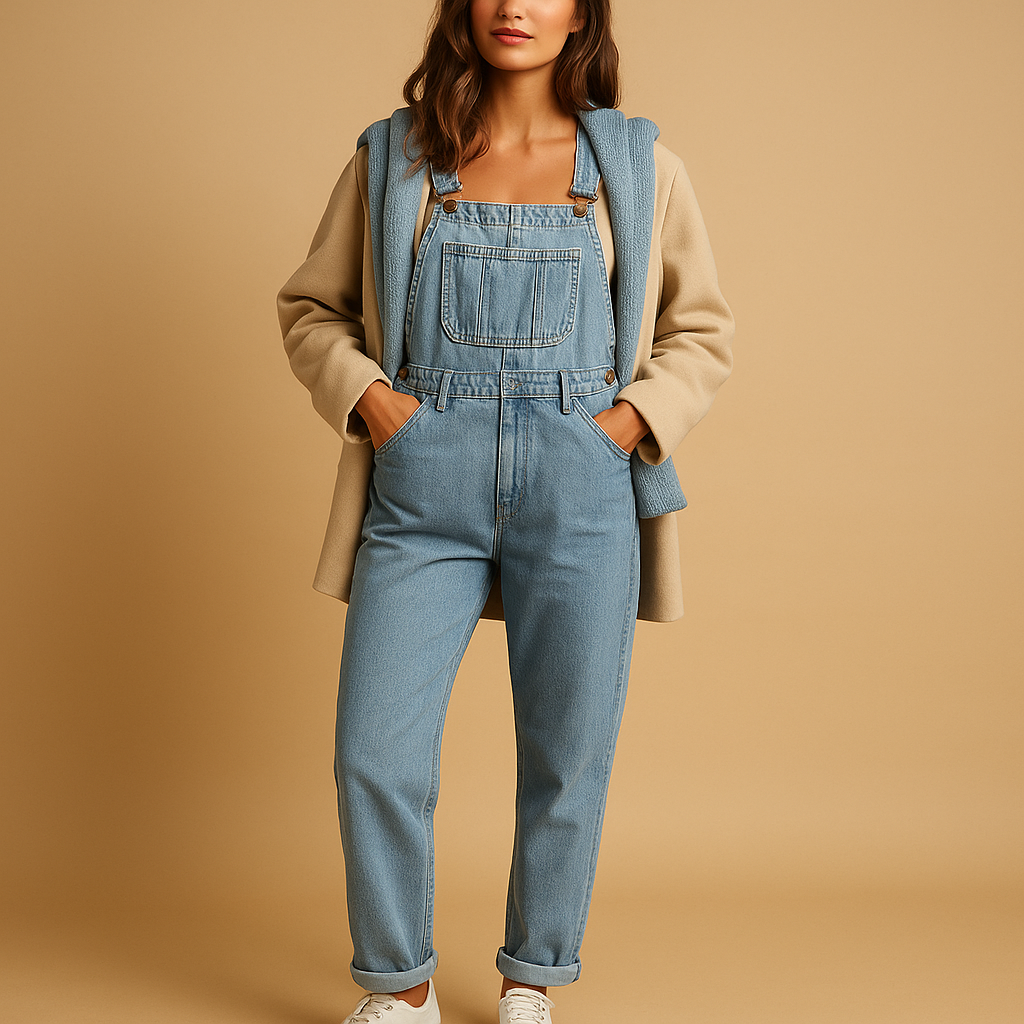 Women’s denim overall with adjustable straps and relaxed fit, ideal for casual days, brunch, and all-year styling.