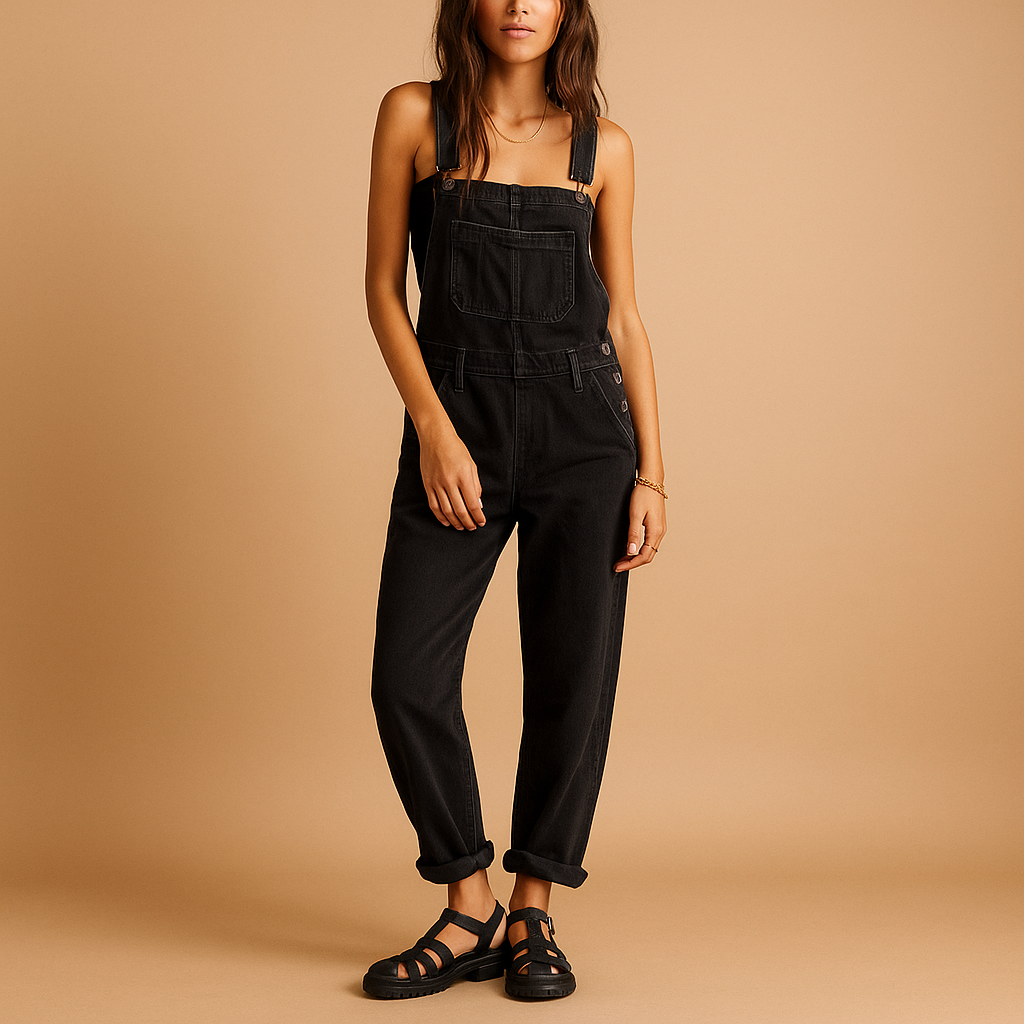 Women’s denim overall with adjustable straps and relaxed fit, ideal for casual days, brunch, and all-year styling.
