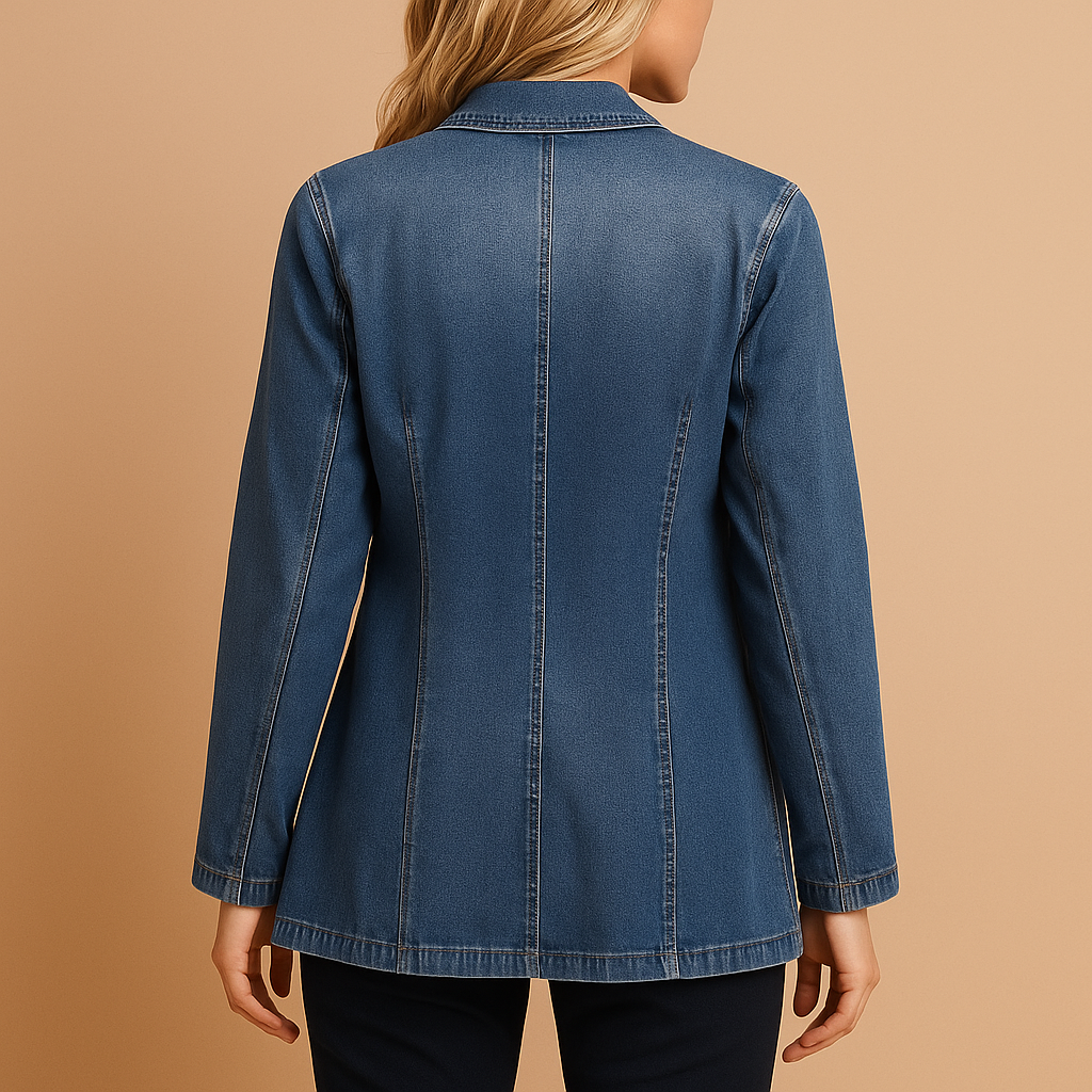 Denim tailored women’s blazer with classic lapel, ideal for work, casual occasions, and year-round styling.