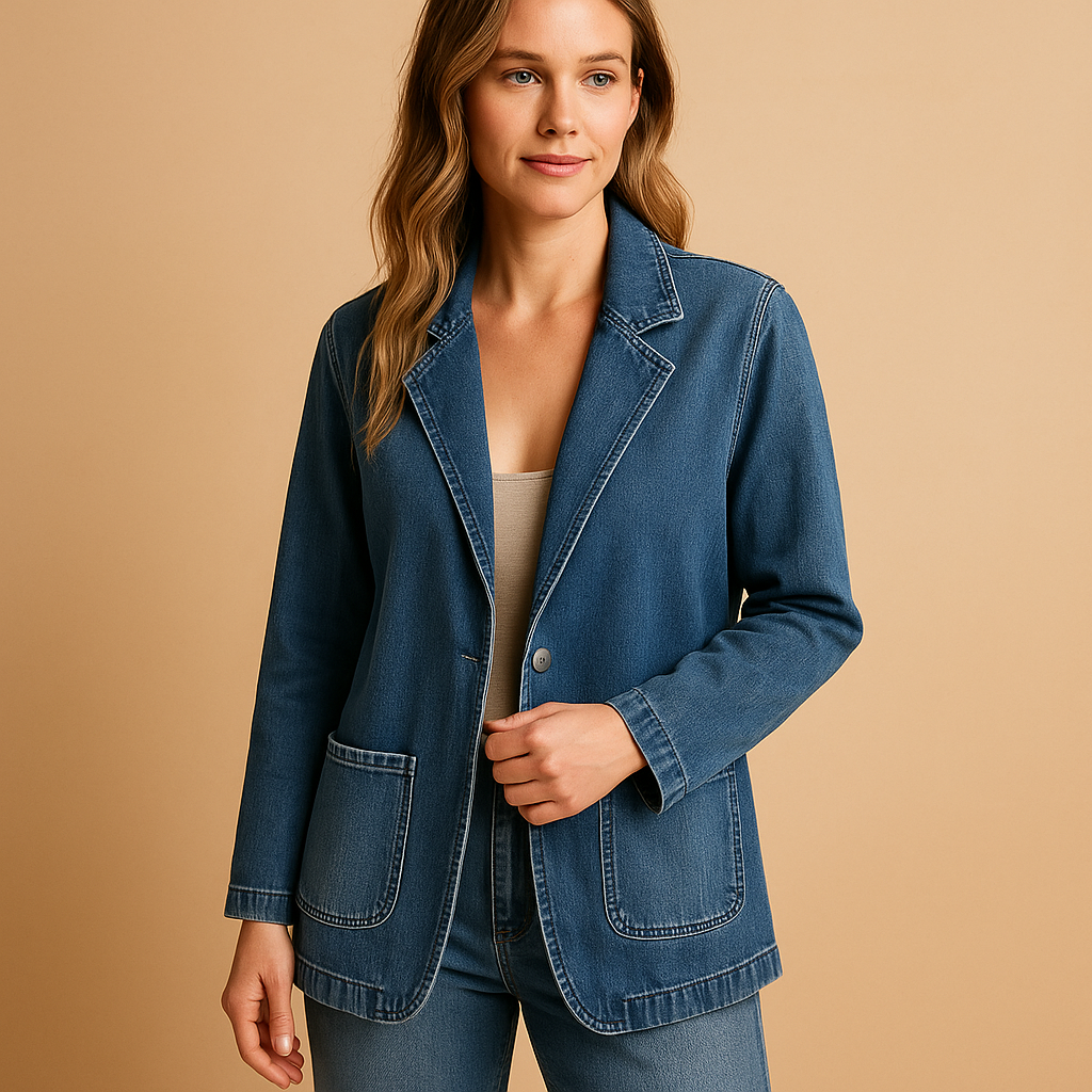 Denim tailored women’s blazer with classic lapel, ideal for work, casual occasions, and year-round styling.
