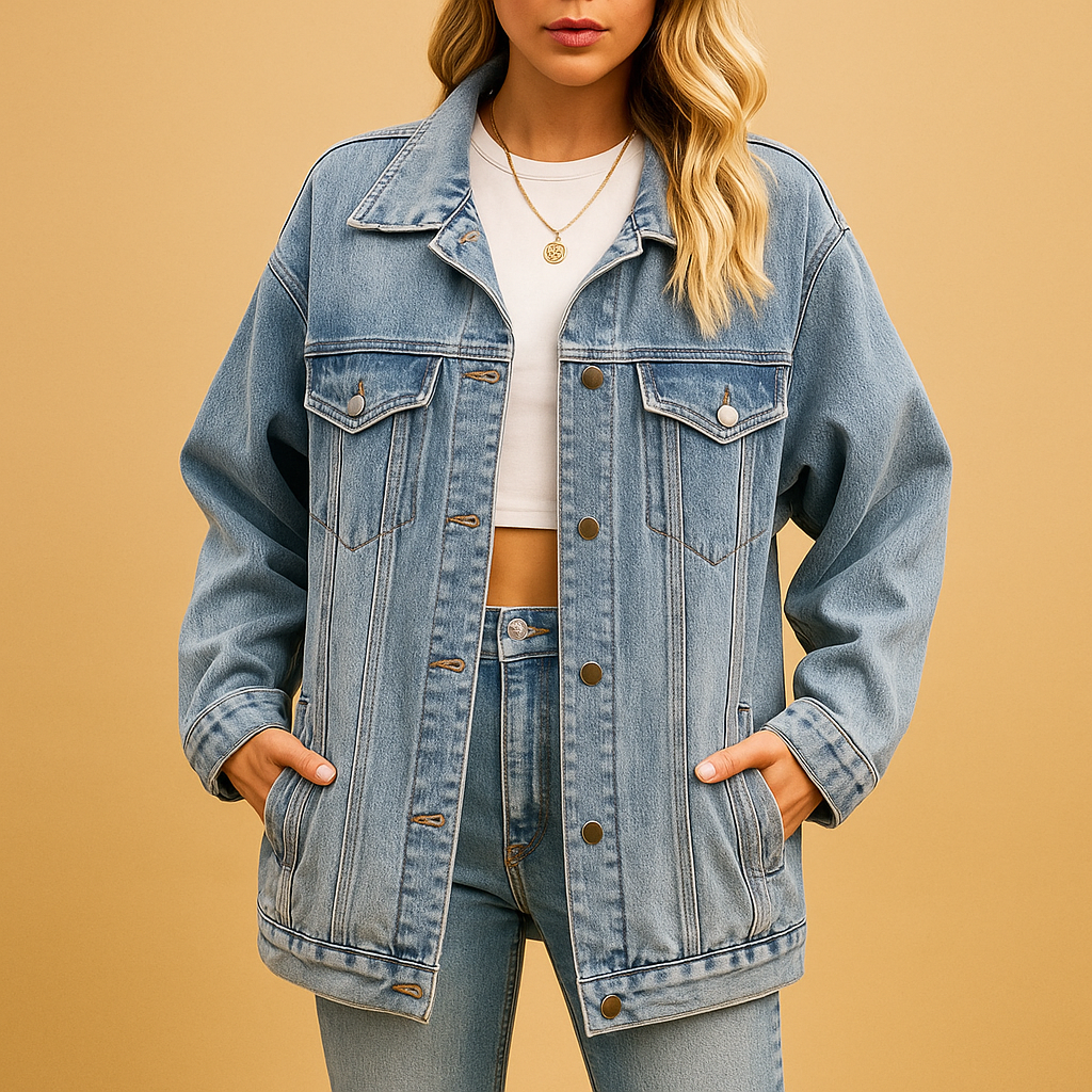 Women’s denim winter jacket with button closure and slim fit, suitable for everyday wear, winter outings, and festive occasions.