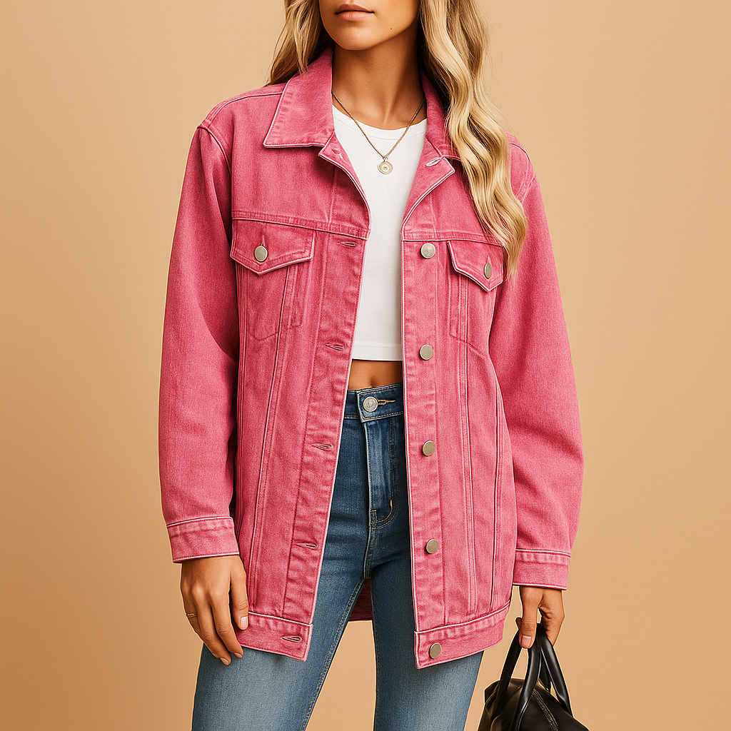 Women’s denim winter jacket with button closure and slim fit, suitable for everyday wear, winter outings, and festive occasions.