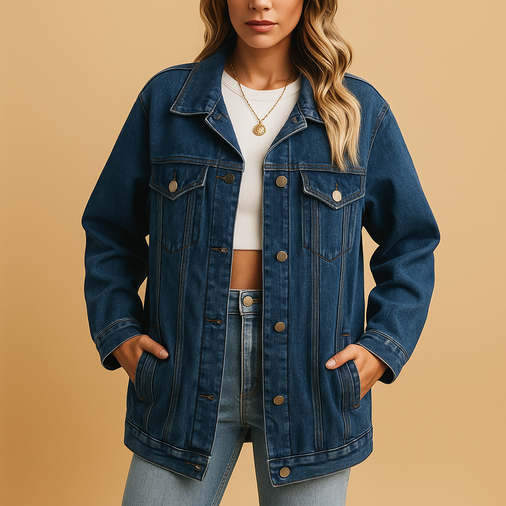 Women’s denim winter jacket with button closure and slim fit, suitable for everyday wear, winter outings, and festive occasions.