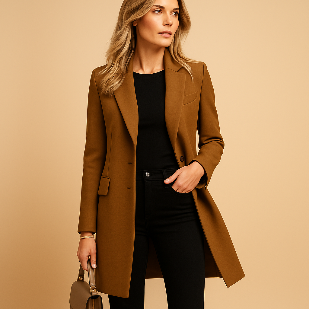 Double-breasted trench coat for women with tailored fit and classic details, perfect for formal events, workdays, or stylish everyday wear.