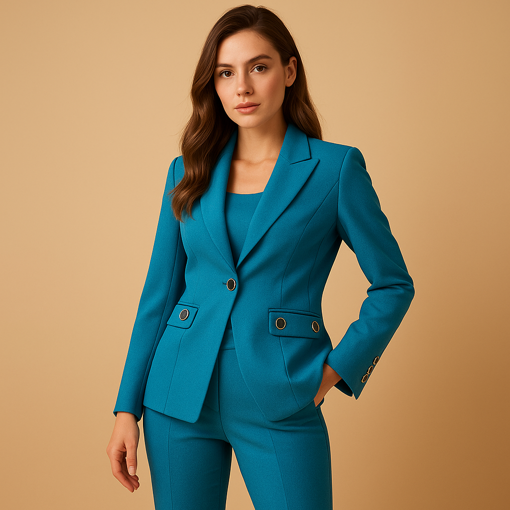 Women’s elegant blazer and trousers set with a tailored fit, perfect for business meetings, workdays, or formal occasions.