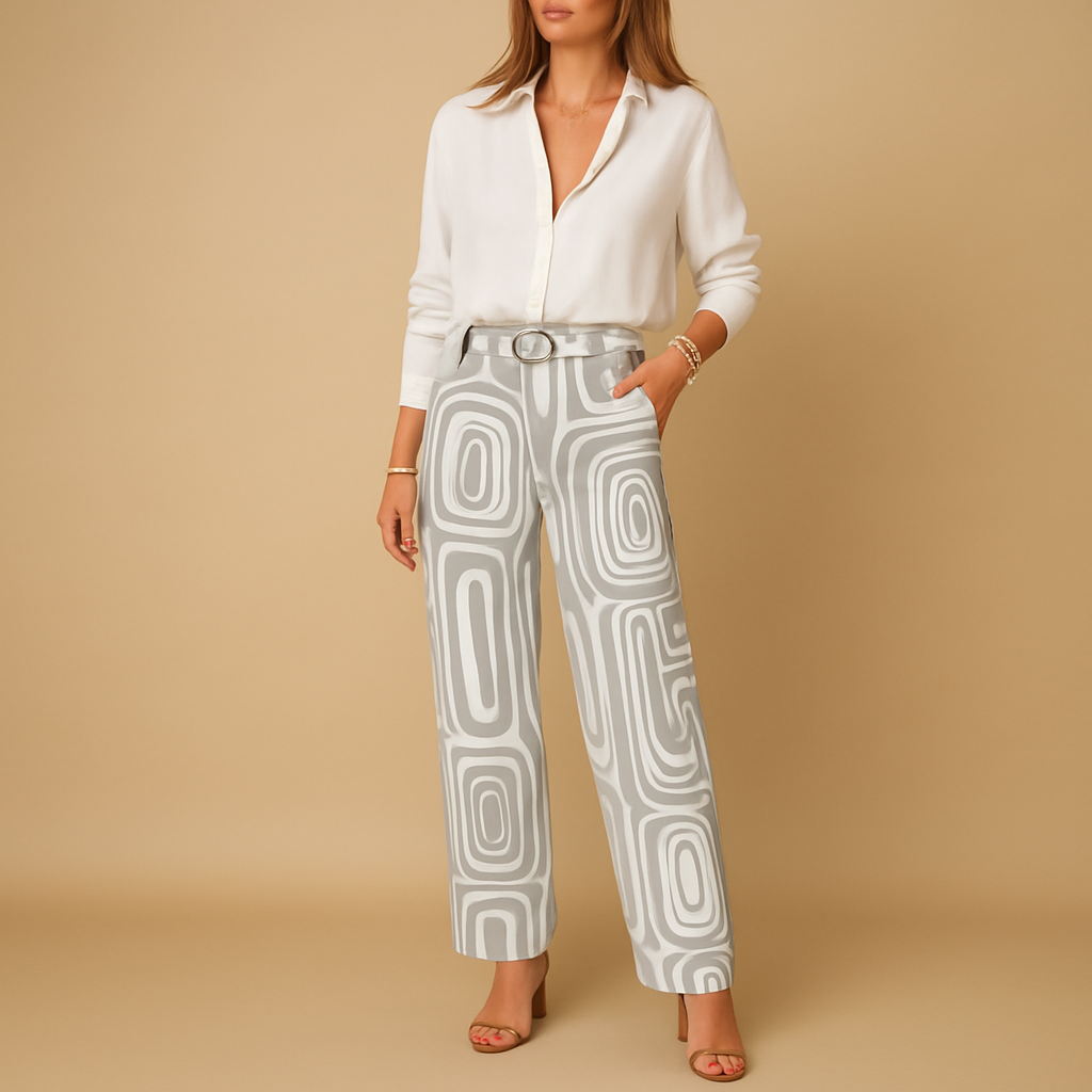Elegant two-piece set for women with long-sleeve blouse and straight-leg pants, perfect for work, evenings, or everyday wear.