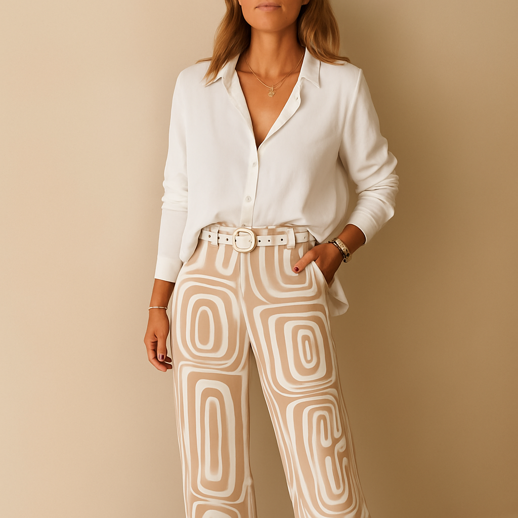Elegant two-piece set for women with long-sleeve blouse and straight-leg pants, perfect for work, evenings, or everyday wear.