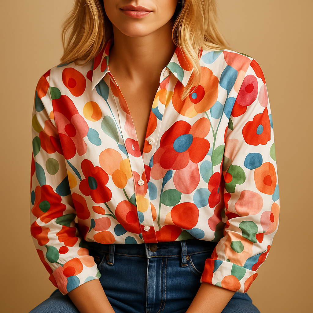 Women’s elegant floral spring blouse with a flattering fit and vibrant red floral pattern, suitable for casual wear and office outfits.