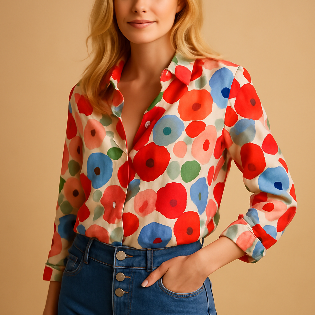 Women’s elegant floral spring blouse with a flattering fit and vibrant red floral pattern, suitable for casual wear and office outfits.