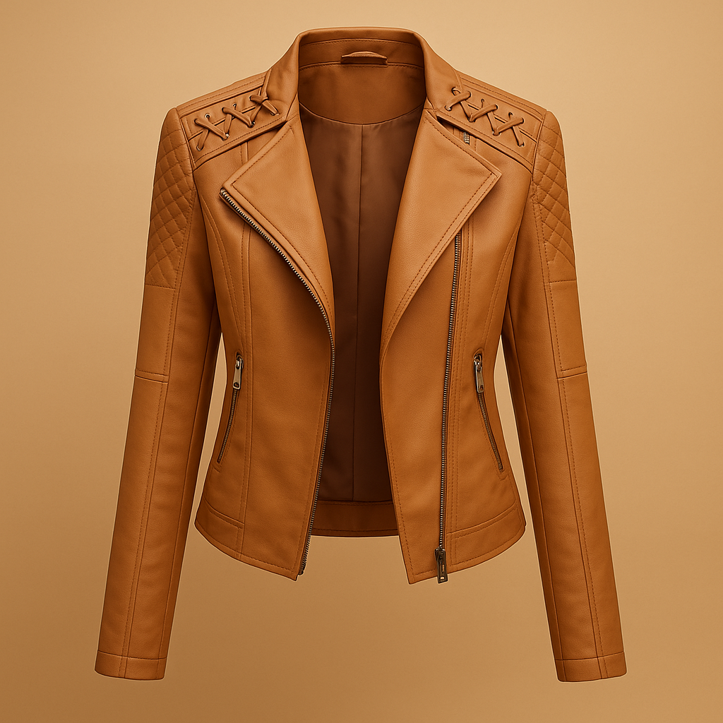 Women’s elegant jacket with a smooth fit, stand-up collar, and silver zipper details, suitable for casual and polished spring and autumn looks.