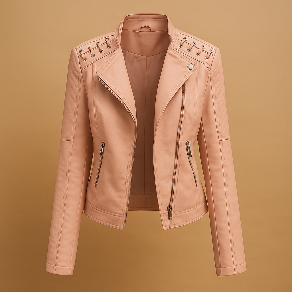 Women’s elegant jacket with a smooth fit, stand-up collar, and silver zipper details, suitable for casual and polished spring and autumn looks.