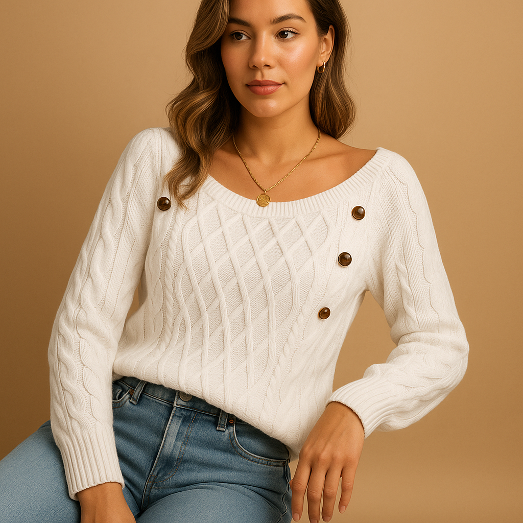 Women’s elegant knitted sweater with ribbed texture, long sleeves, and soft stretch fit, available in solid neutral tones for autumn and winter wear.