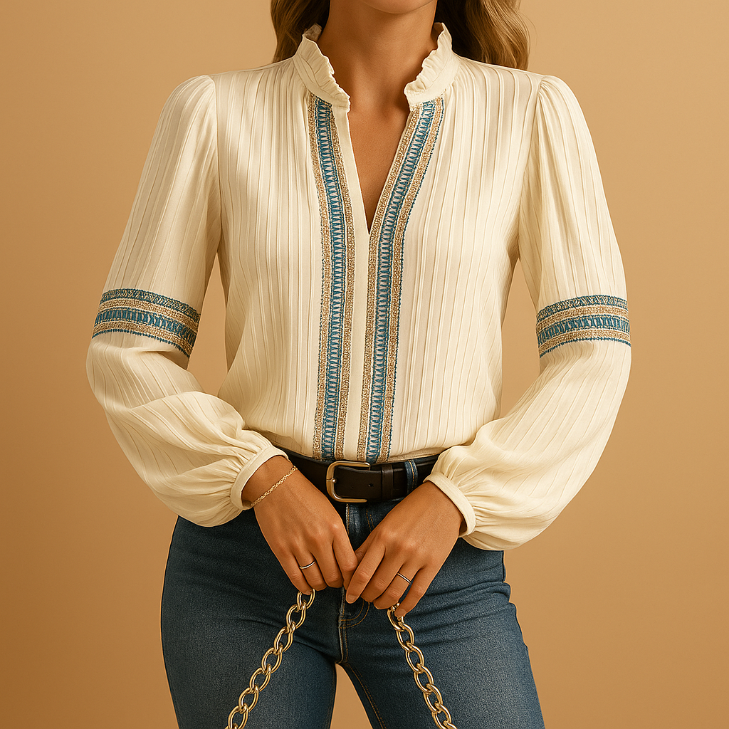 Elegant lace blouse for women with lantern sleeves and a loose comfortable fit, suitable for work, casual days, and stylish evening outfits.