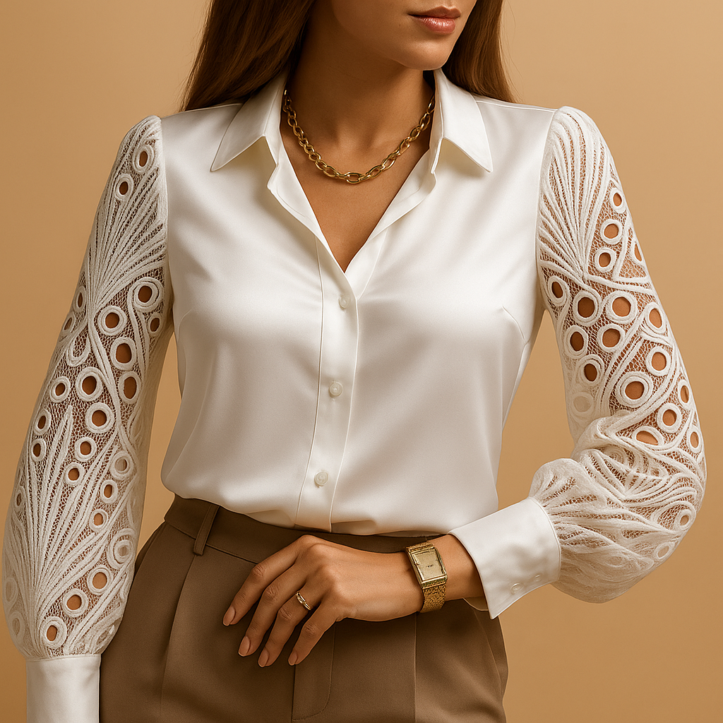 Elegant blouse for women with sheer lace sleeves, classic collar, and regular fit, suitable for work, dinners, and formal occasions.