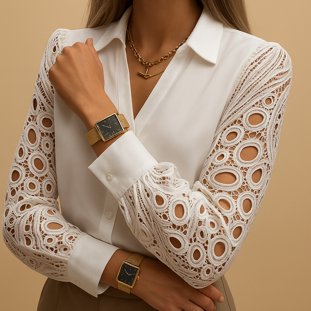 Elegant blouse for women with sheer lace sleeves, classic collar, and regular fit, suitable for work, dinners, and formal occasions.