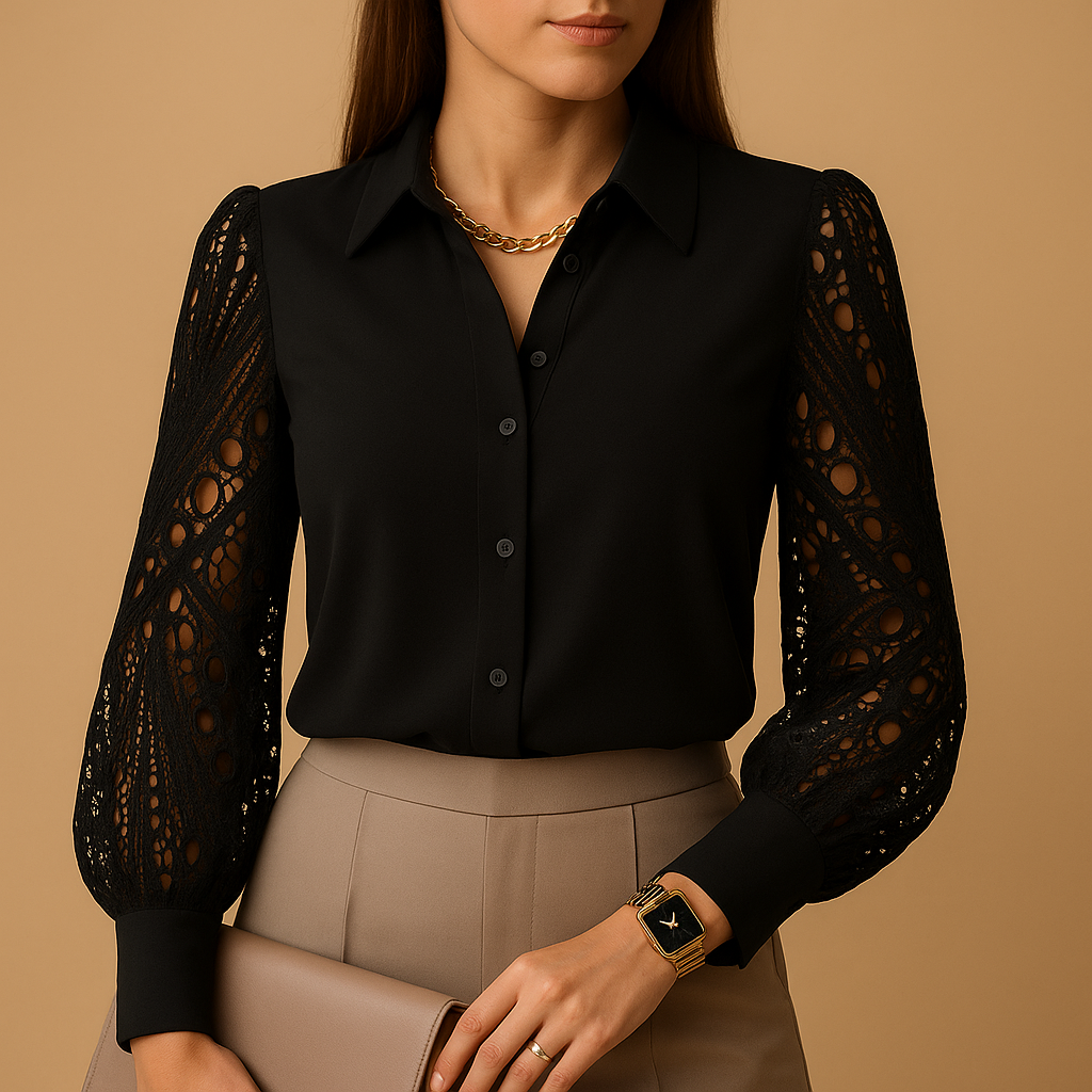 Elegant blouse for women with sheer lace sleeves, classic collar, and regular fit, suitable for work, dinners, and formal occasions.