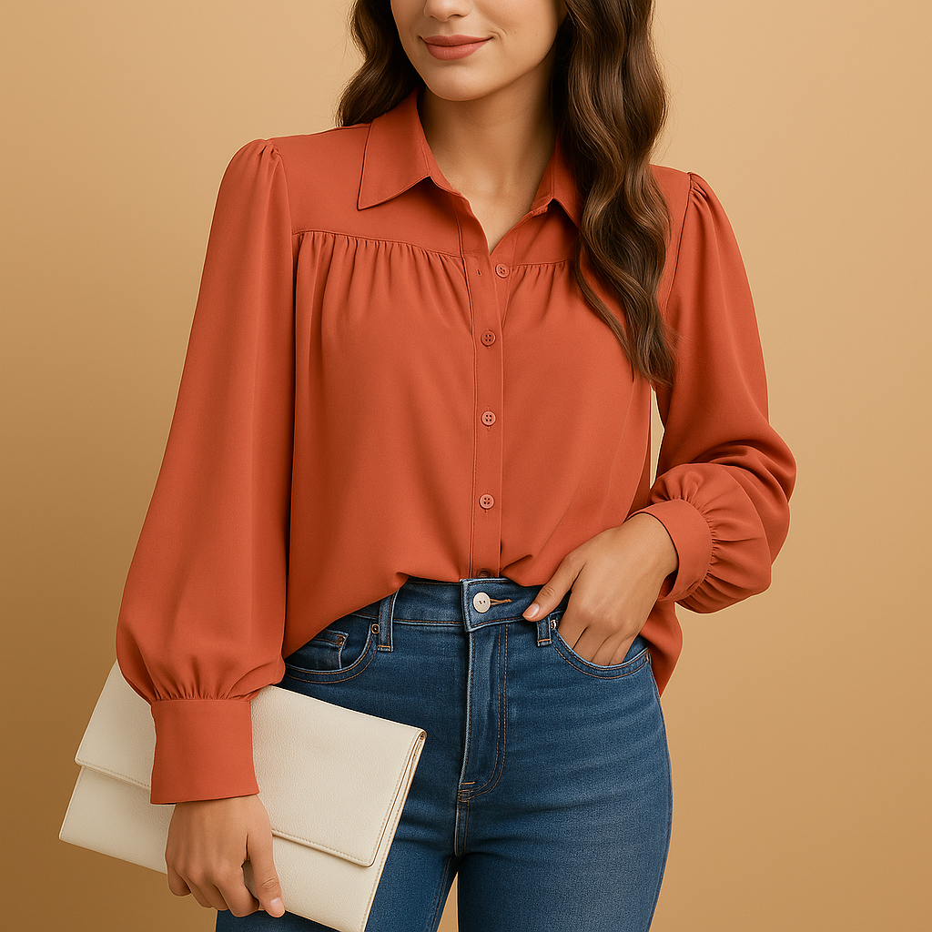 Women’s elegant lantern sleeve blouse with a shirt collar and gathered details, suitable for work outfits and everyday wear.