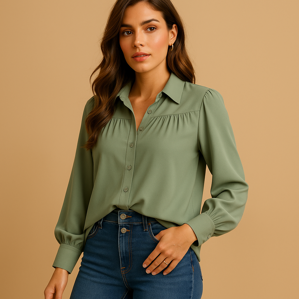 Women’s elegant lantern sleeve blouse with a shirt collar and gathered details, suitable for work outfits and everyday wear.