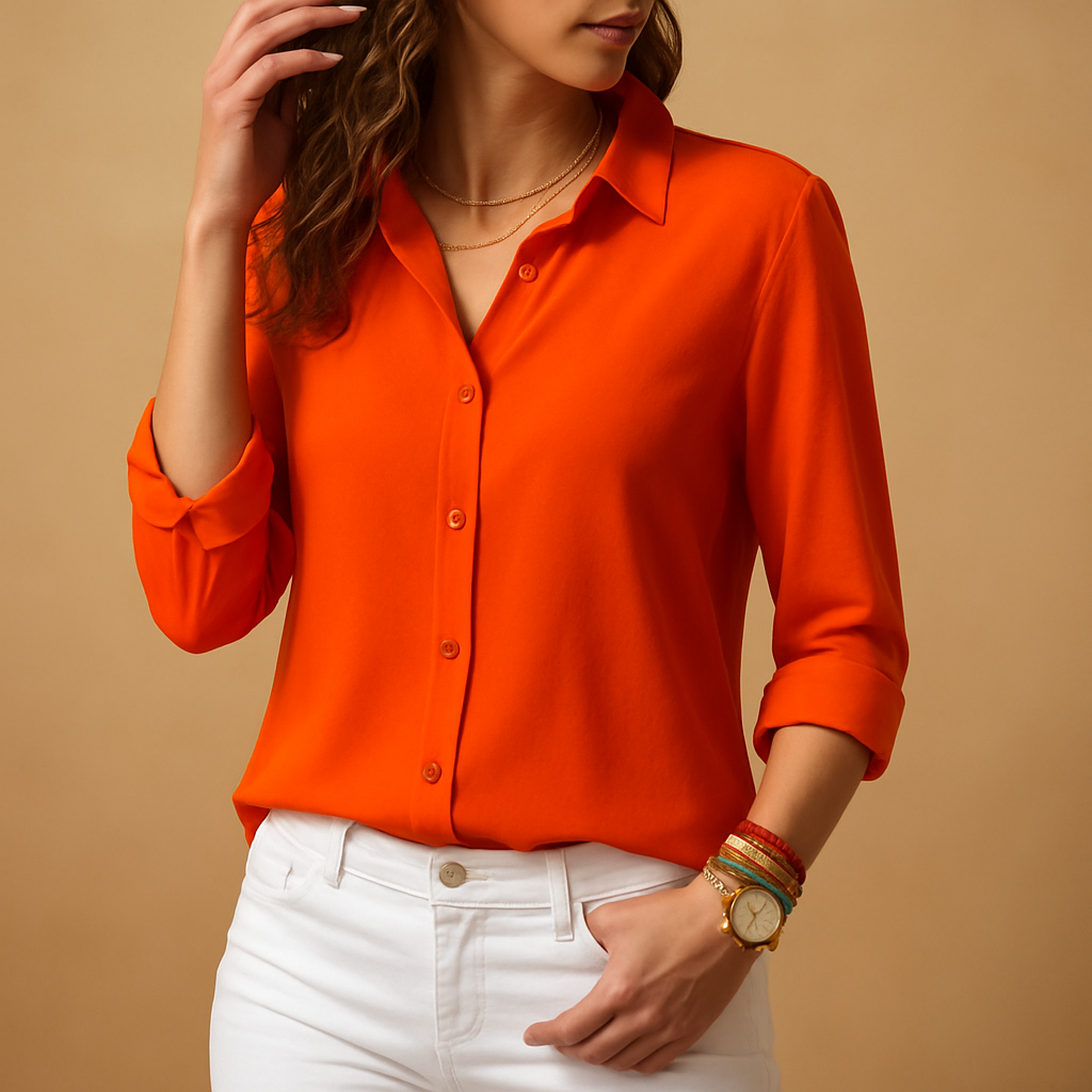 Women’s elegant long sleeve V-neck blouse with button closure and a flattering slim fit, suitable for daily wear, work, and evening occasions.