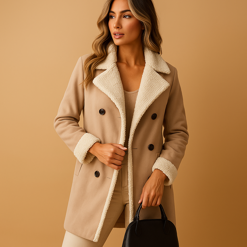 Women’s elegant long winter coat with lapel collar and long sleeves, suitable for cold days and stylish everyday or evening wear.